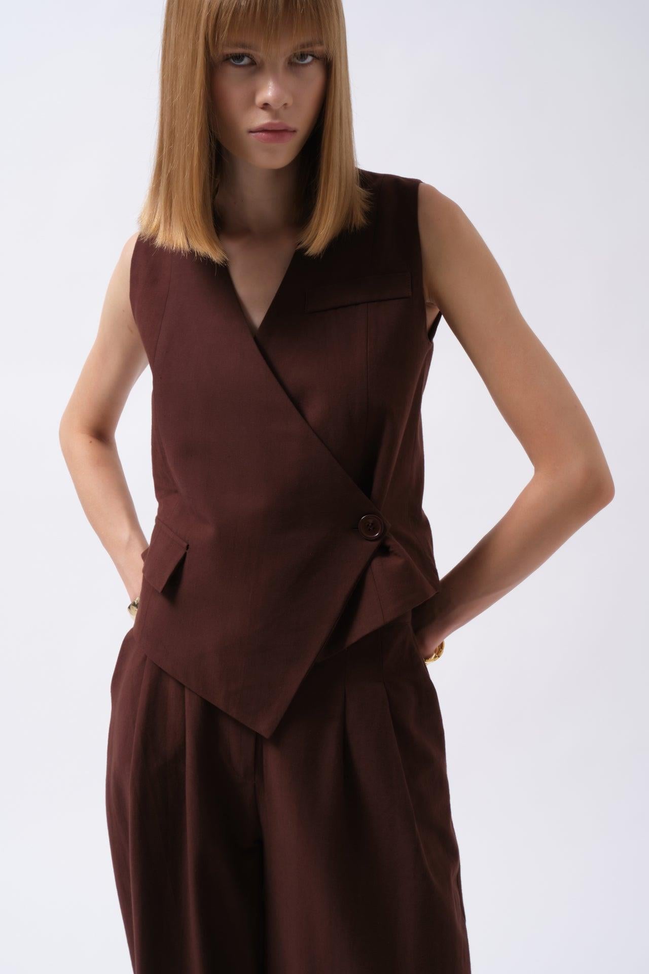 Yan Düğme Asimetrik Keten Kahverengi Yelek