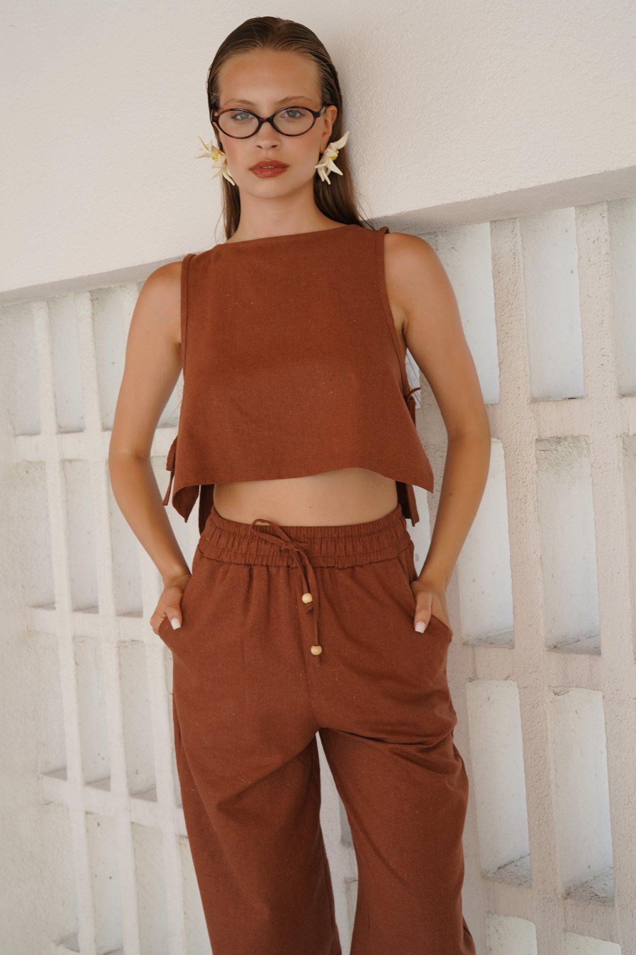 Yandan Bağlamalı Crop Kahverengi Bluz