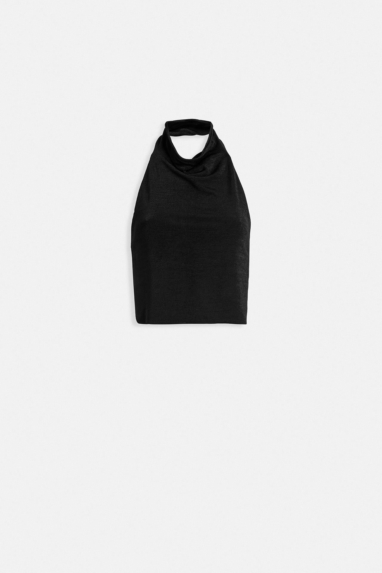 Yarım Balıkçı Sırt Dekolte Crop Siyah Bluz