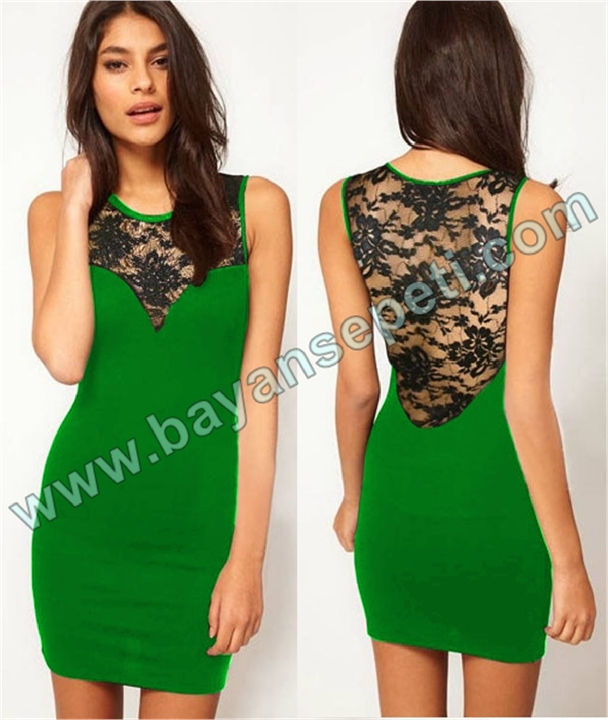 YEŞİL ESNEK SANDY KUMAŞ DANTEL DETAY MİNİ ELBİSE DNM-279-10