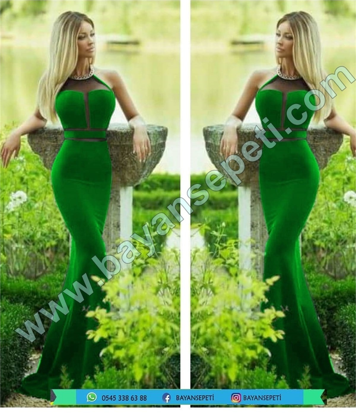 YEŞİL SANDY KUMAŞ DEKOLTELİ UZUN ABİYE ELBİSE DNM-318-10