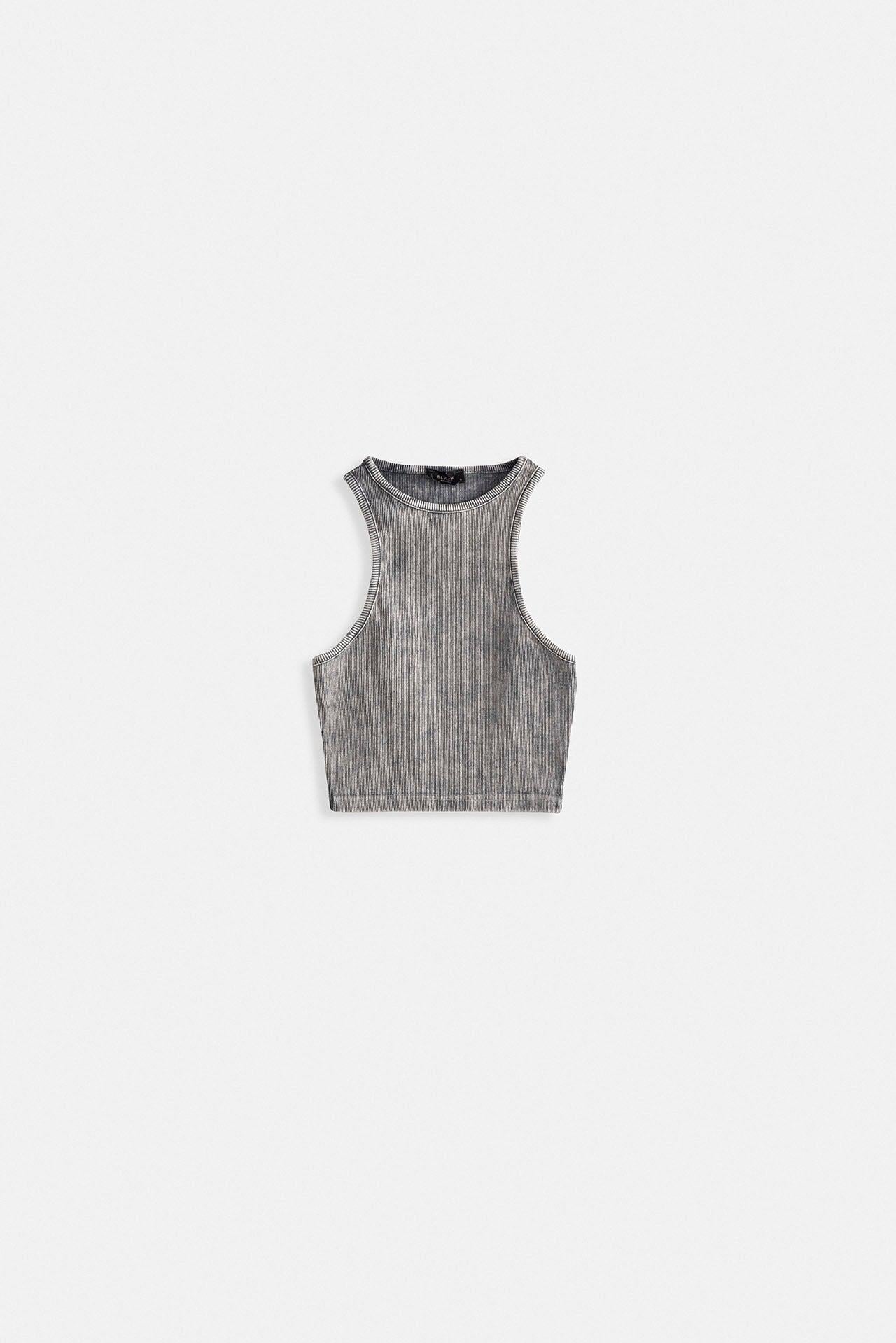 Yıkamalı Halter Yaka Crop Gri Bluz