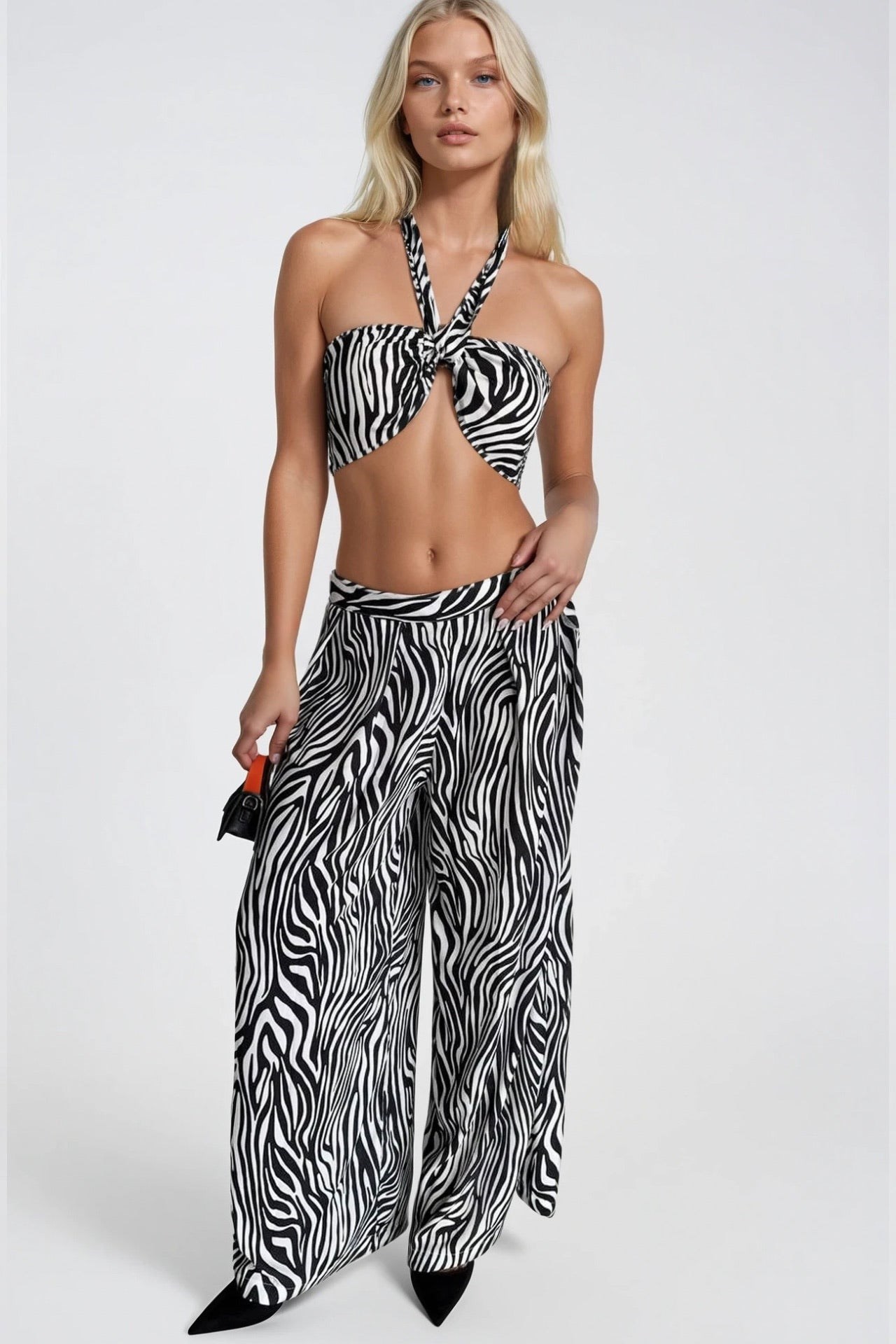 Zebra Desenli Crop Bluz Pantolon İkili Takım