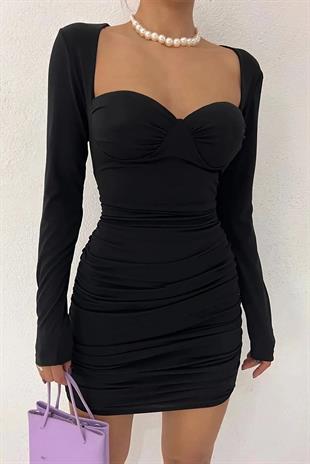 Esnek Sandy Kumaş Göğüs Dolgulu Uzun Kollu Siyah Mini Elbise 10022