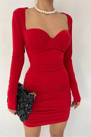 Esnek Sandy Kumaş Göğüs Dolgulu Uzun Kollu Kırmızı Mini Elbise 10022