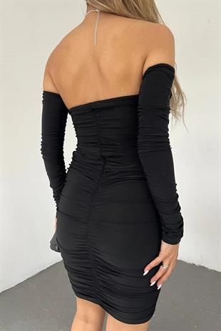 Esnek Sandy Kumaş Straplez Yaka Kol Tasarım Detaylı Siyah Mini Elbise 10211
