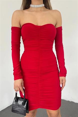 Esnek Sandy Kumaş Straplez Yaka Kol Tasarım Detaylı Kırmızı Mini Elbise 10211