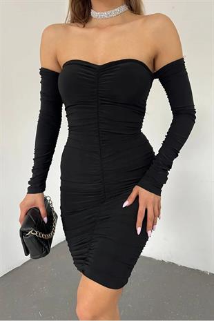 Esnek Sandy Kumaş Straplez Yaka Kol Tasarım Detaylı Siyah Mini Elbise 10211