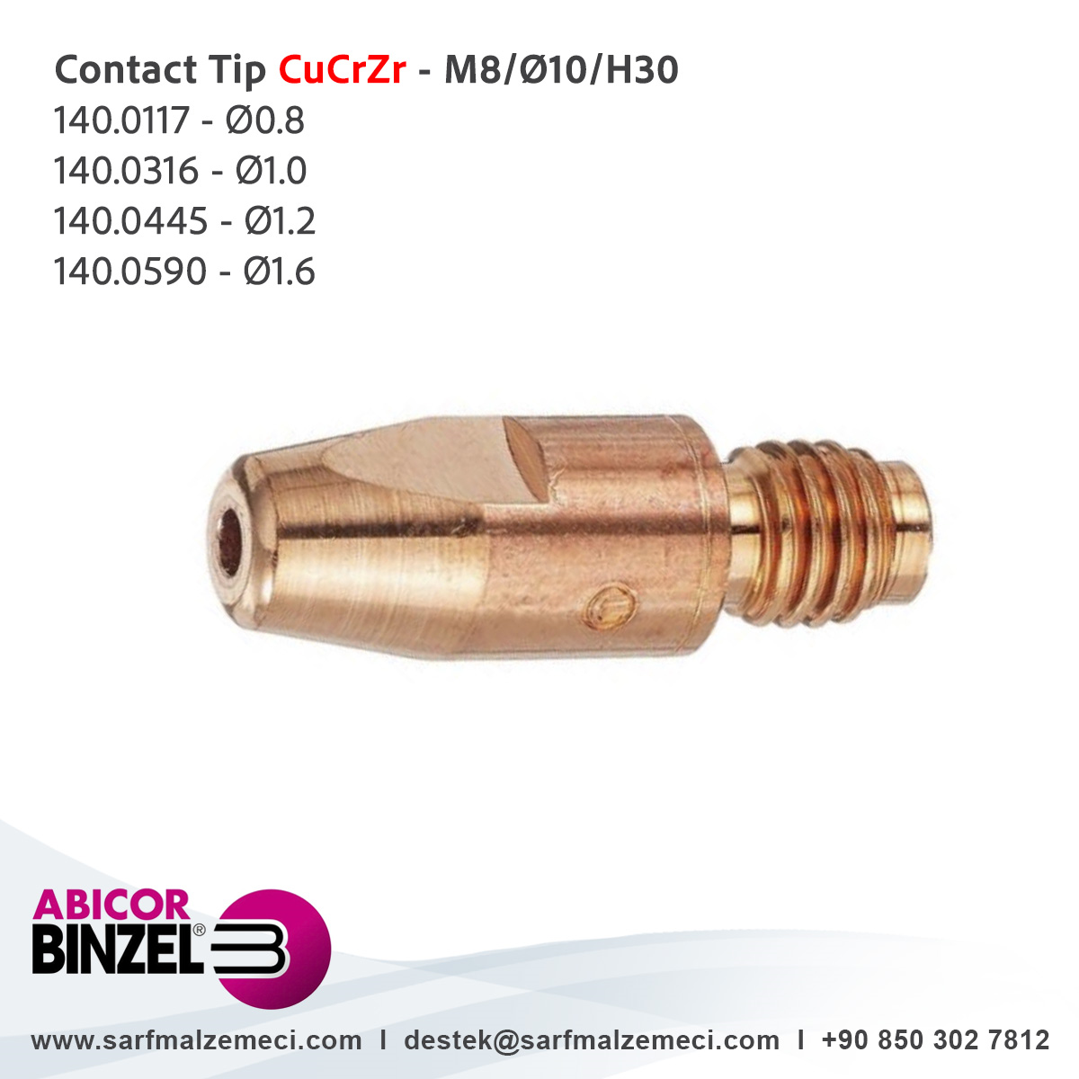Abicor Binzel® M8 Ø0.8 CuCrZr Contact Tip 140.0117