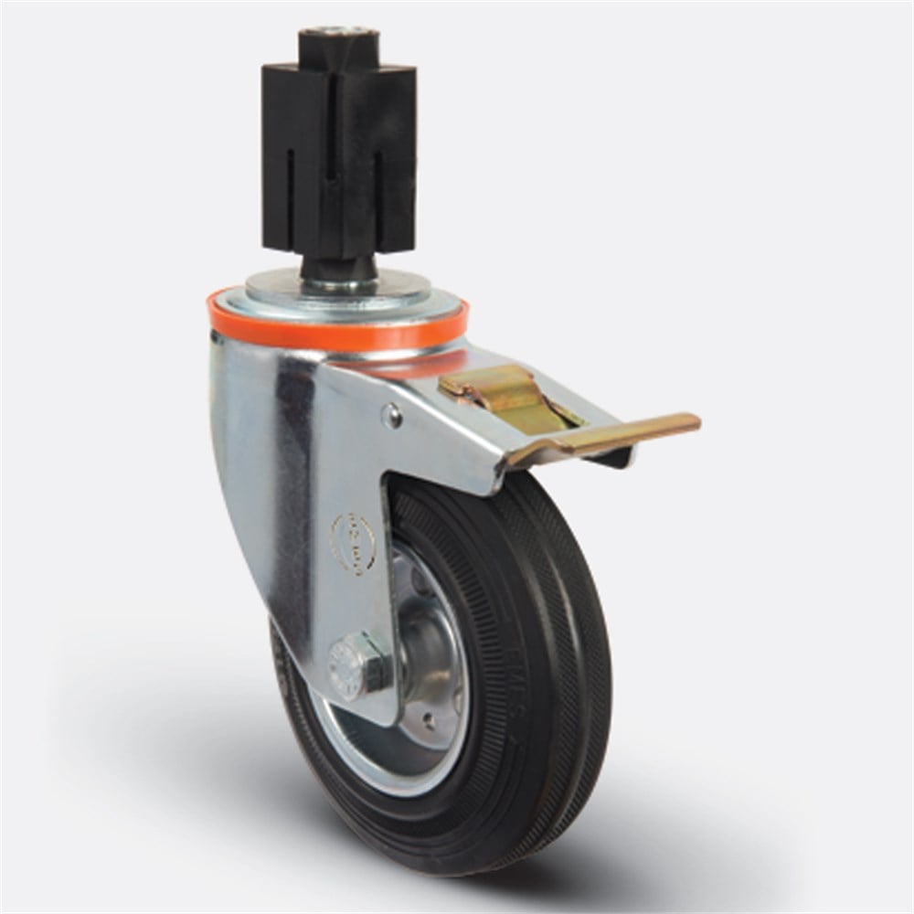 EM07 SPR 80F - Çap:80 Soketli Frenli Çelik Saç Üzeri Kauçuk Kaplamalı Hafif Sanayi Tekerleği - Emes Teker