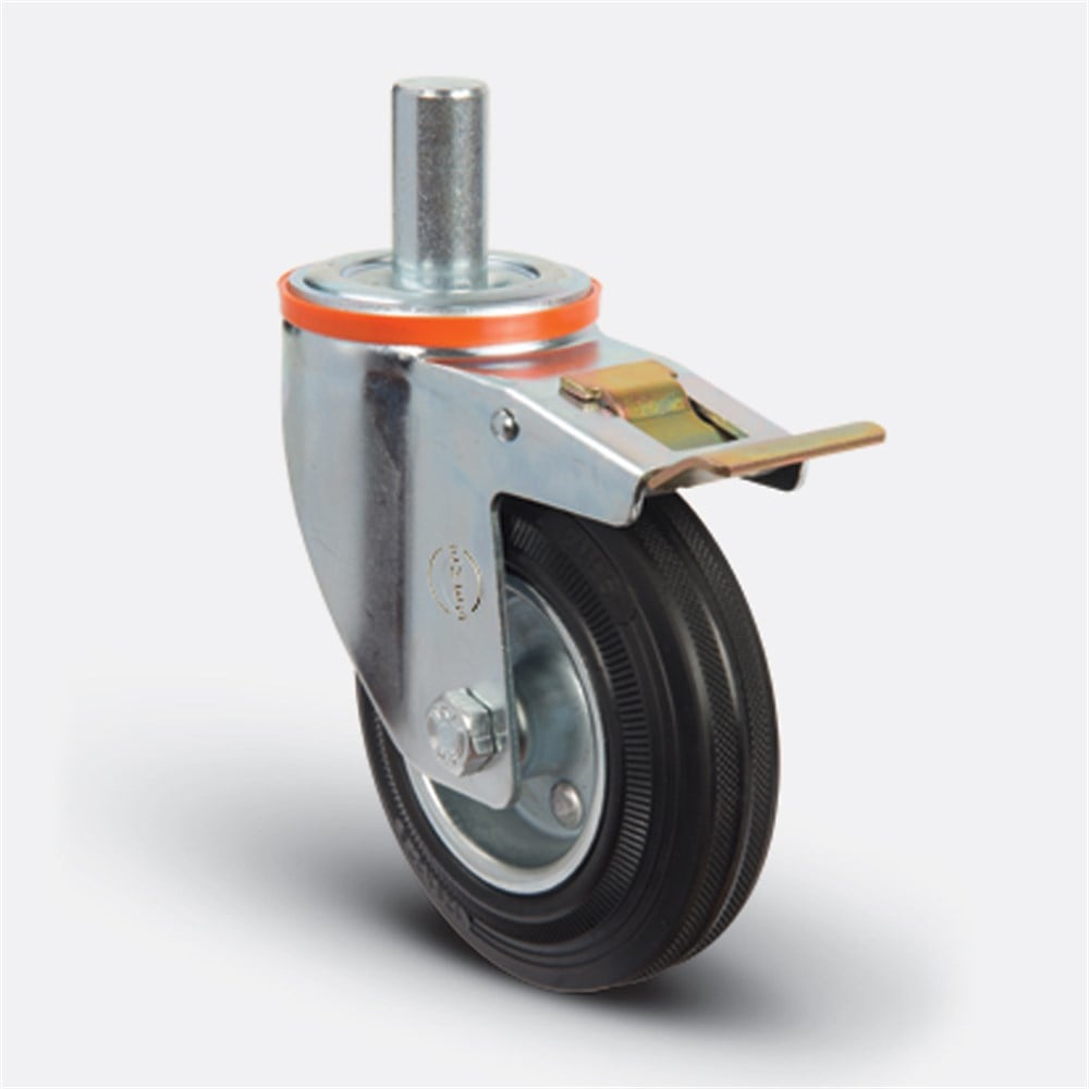 EM03 SPR 125F - Çap:125 Pim Bağlantılı Frenli Çelik Saç Üzeri Kauçuk Kaplamalı Hafif Sanayi Tekerleği - Emes Teker