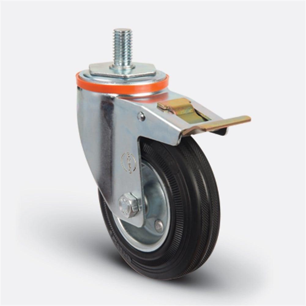 EM05 SPR 125F - Çap:125 Civatalı Frenli Oynar Saç Üzeri Kauçuk Hafif Sanayi Tekerleği - Emes Teker