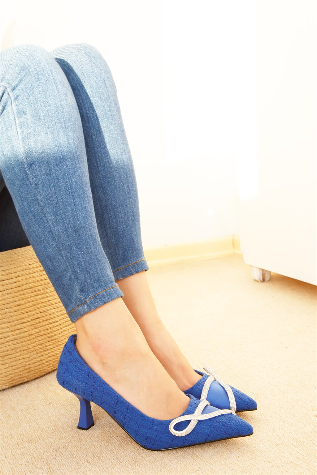 Shoetek Elizabeth Kadın Stiletto İnce Topuk Triko Dokumalı Taşlı Mavi