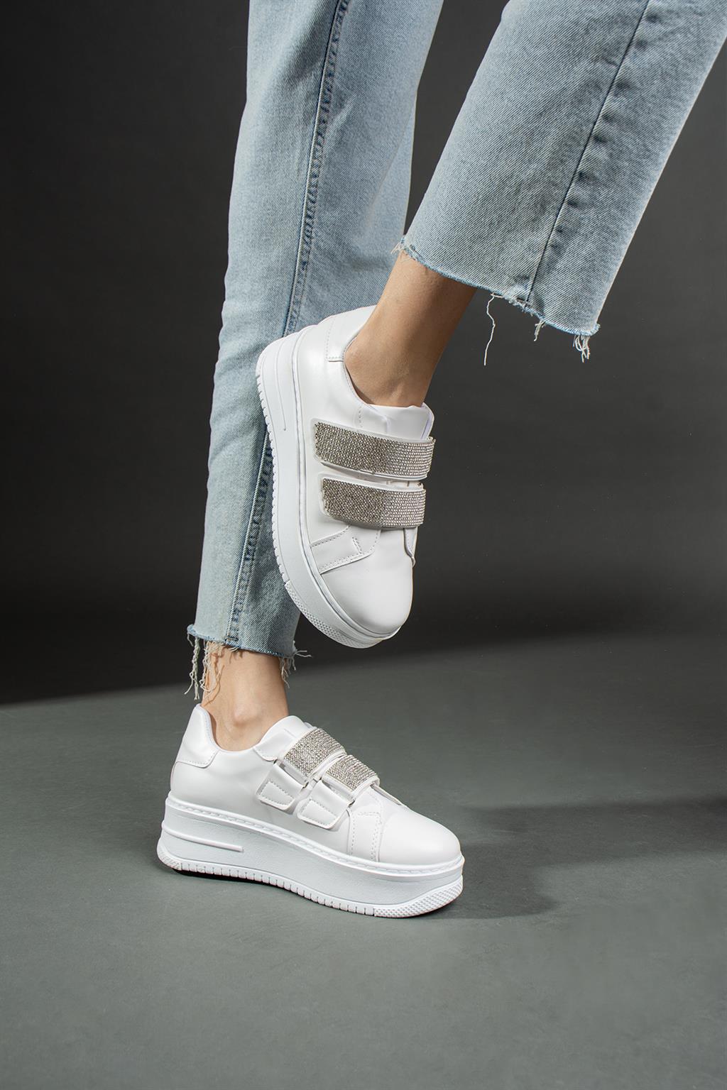 SHOETEK Leni Kadın Sneakers Taşlı Spor Ayakkabı Beyaz Deri