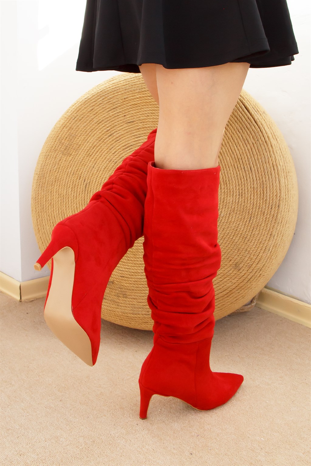 Shoetek Trisha Kadın Çizme Körüklü İnce Topuklu Kırmızı Süet