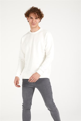 Erkek Basic Oversize Beyaz Sweatshirt