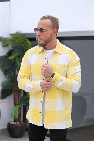 Erkek Cepli Oversıze Sarı Oduncu Gömlek