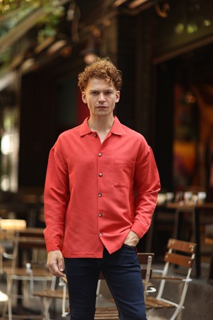 Erkek İnce Keten Uzun Kol Kırmızı Gömlek