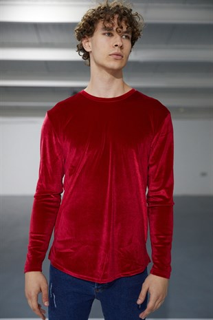 Erkek Kadife Uzun Kol Kırmızı Sweatshirt