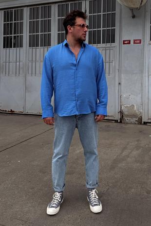 Erkek Keten Uzun Kol Oversıze Mavi Gömlek