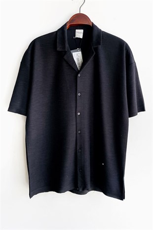 Erkek Kısa Kol Hamper Siyah Oversize Gömlek