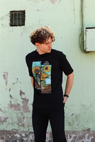 Erkek Sunflowers Van Gogh Baskılı Oversize Siyah T-Shirt