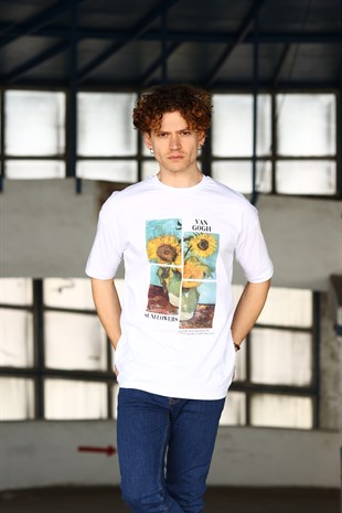 Erkek Sunflowers Van Gogh Baskılı Oversize Beyaz T-Shirt