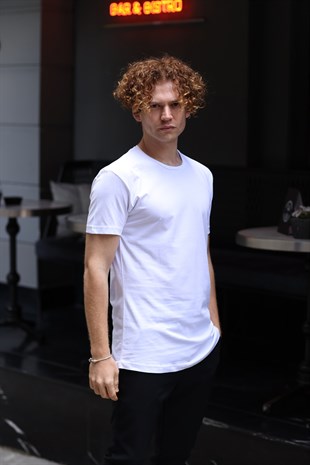 Erkek Uzun Basic Beyaz T-Shirt