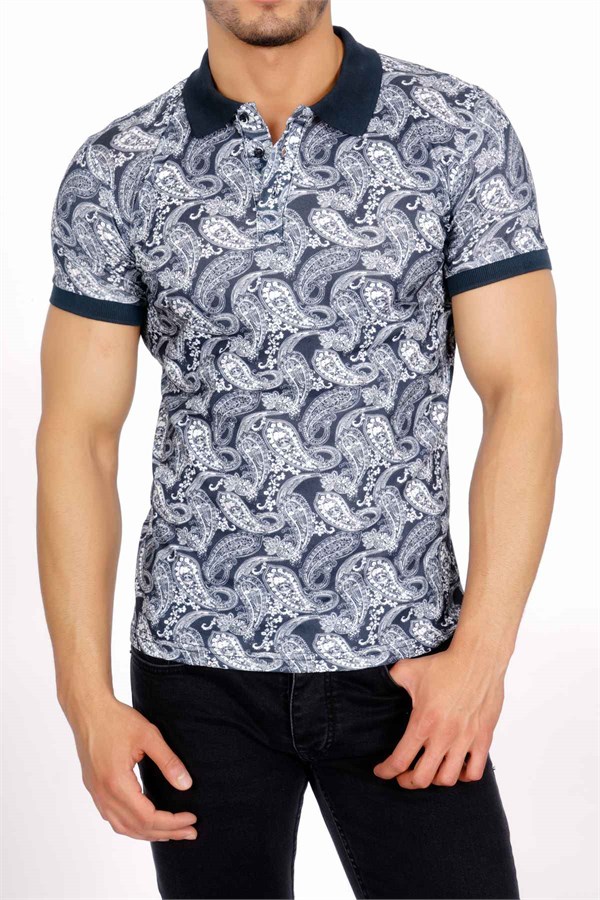 Şal Desenli Polo Yaka Lacivert Erkek T-Shirt