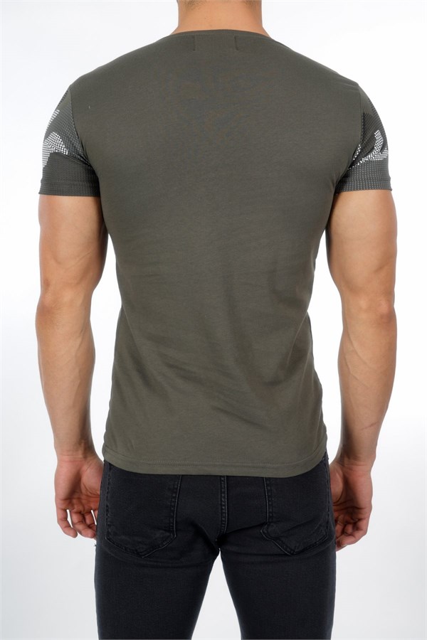 Kolu ve Göğsü Kamuflajlı Haki Erkek T-Shirt