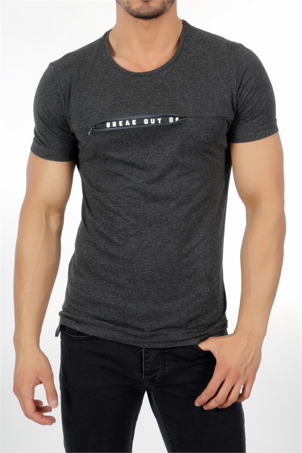 Fermuar İçi Yazılı Antrasit Erkek T-Shirt