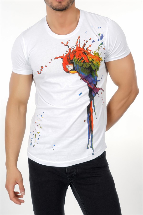 Papağan Baskılı Beyaz Erkek T-Shirt