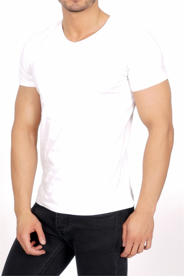 Basic V Yaka Beyaz Erkek T-Shirt