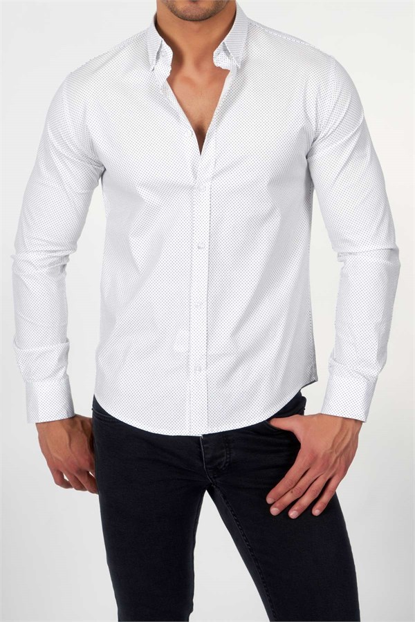 Puantiyeli Likralı Beyaz Gömlek