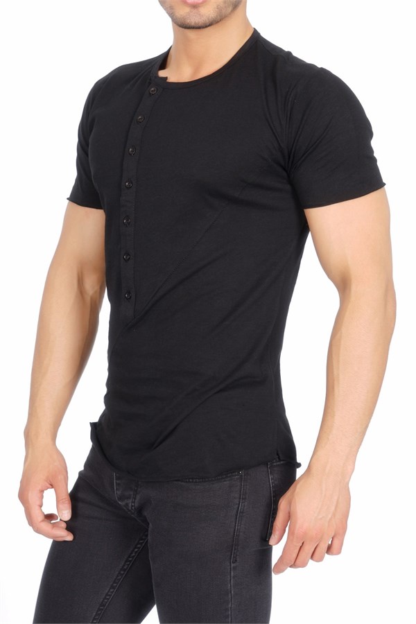 Önü Düğmeli Siyah Erkek T-Shirt