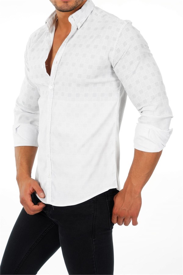 Kare Desen Puanlı Likralı Beyaz Gömlek