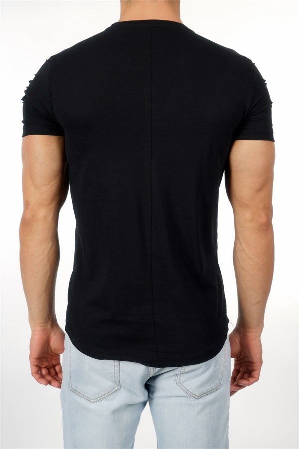 Omzu Fermuarlı Siyah Erkek T-Shirt