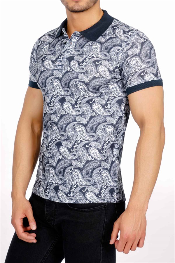 Şal Desenli Polo Yaka Lacivert Erkek T-Shirt
