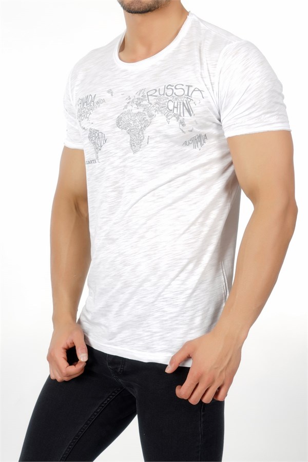 Harita Baskılı Beyaz Erkek T-Shirt