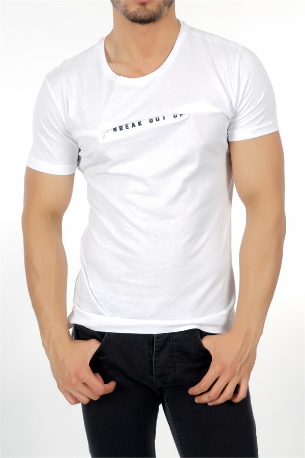 Fermuar İçi Yazılı Beyaz Erkek T-Shirt