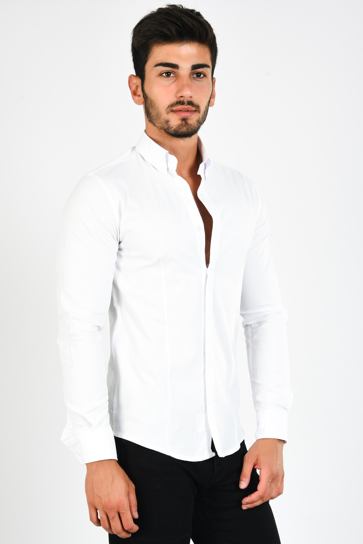 Dikişli Beyaz Likralı Erkek Gömlek MSBe -MSBe