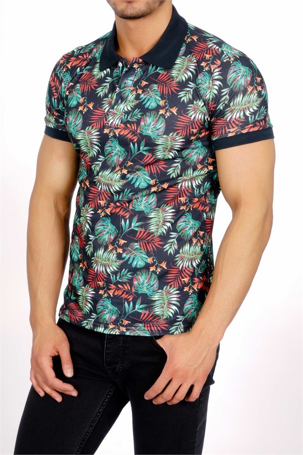 Tropik Desenli Polo Yaka Lacivert Erkek T-Shirt