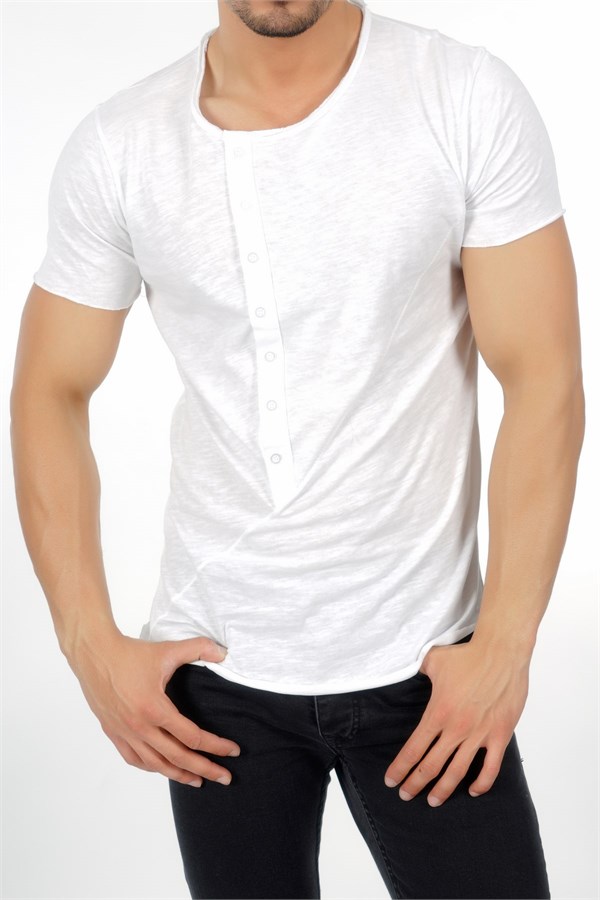 Önü Düğmeli Beyaz Erkek T-Shirt