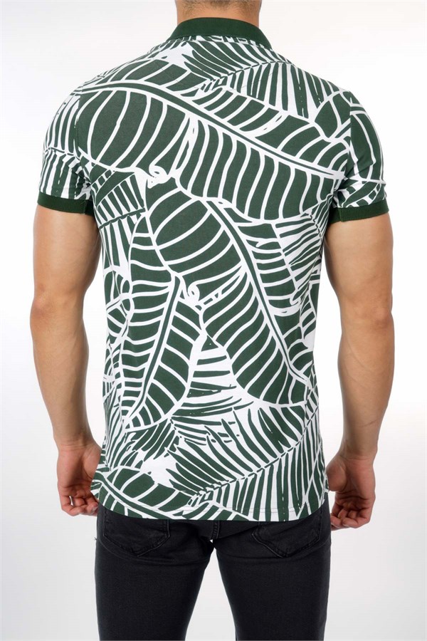 Yaprak Desenli Polo Yaka Yeşil Erkek T-Shirt