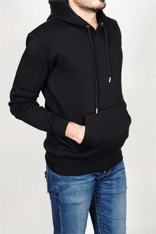 Düz Basic Kapüşonlu Siyah Sweatshirt
