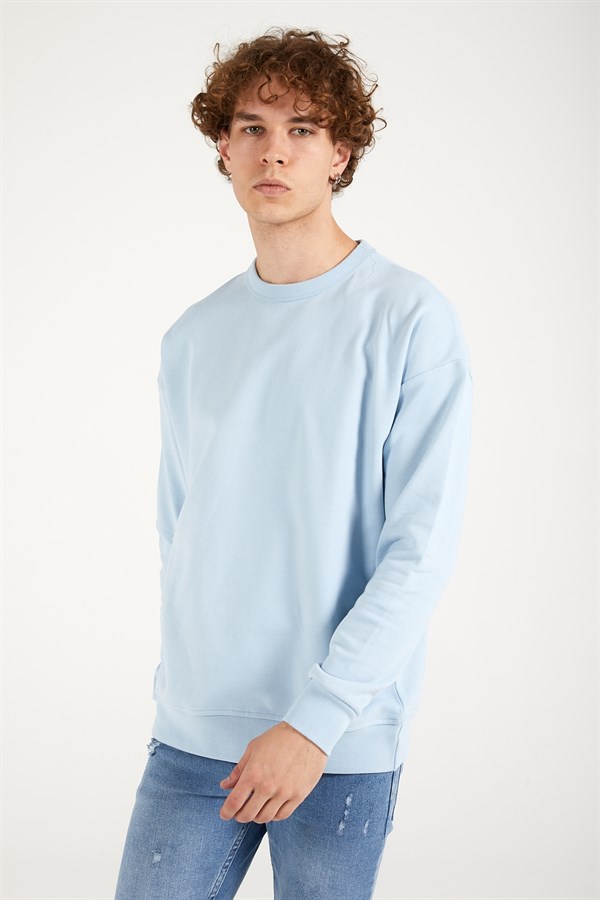 Erkek Basic Oversize Mavi Sweatshirt