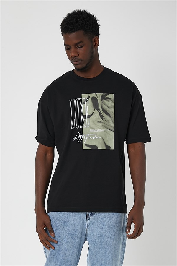 Erkek Luxe Attıtude Baskılı Oversize Siyah T-Shirt