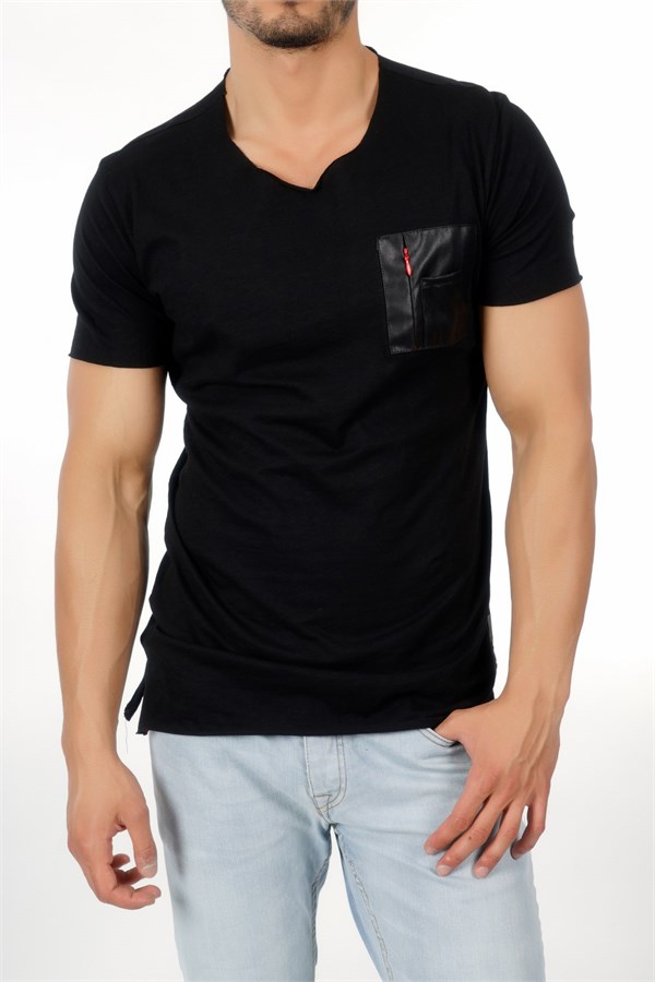 Cebi Deri Fermuarlı Siyah Erkek T-Shirt