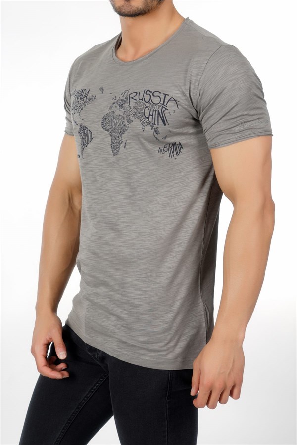 Harita Baskılı Gri Erkek T-Shirt