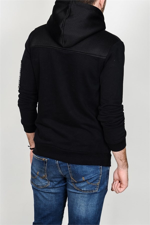 Kapüşonu File Detaylı Önü Marrakech Nakışlı Siyah Erkek Sweatshirt